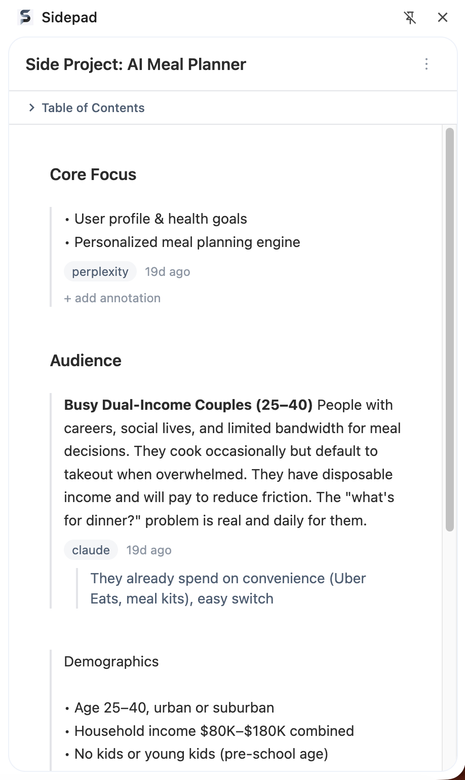 Sidepad side panel showing a side project document with AI meal planner planning