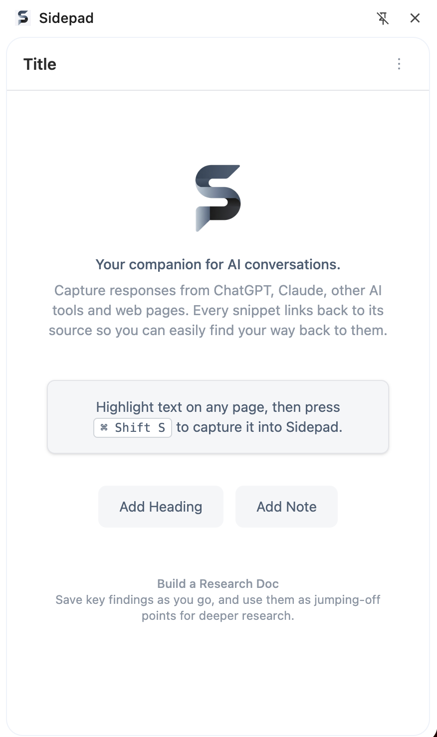 Sidepad side panel showing a document with captured text, headings, and notes