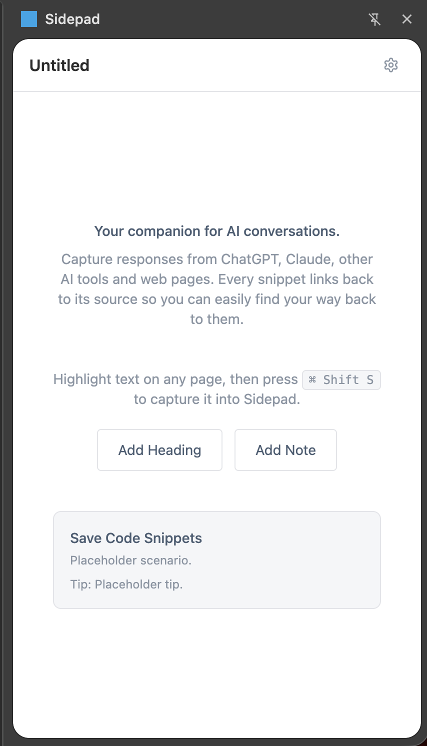 Sidepad side panel showing a document with captured text, headings, and notes